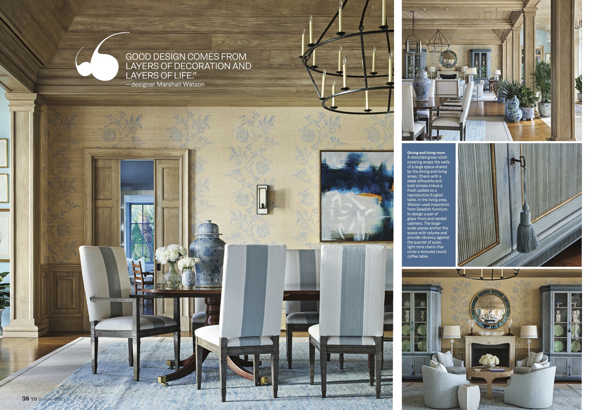 Traditional home interior magazine spread showing a dining area