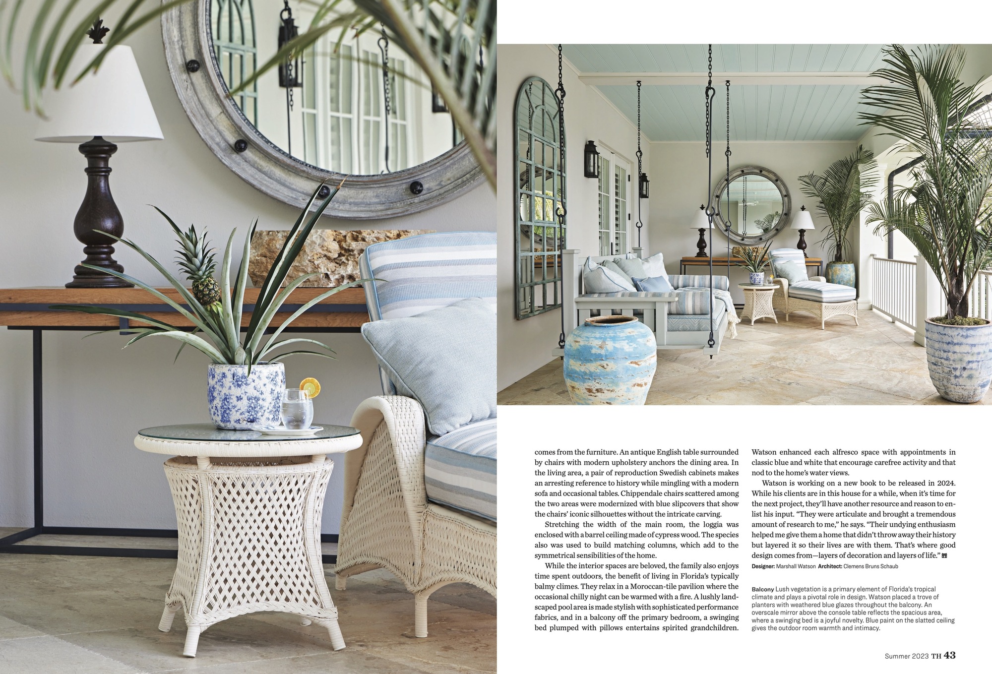 Magazine spread from Traditional Home showing a fancy porch and divan